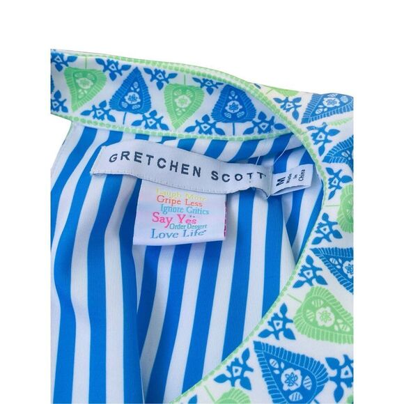 Gretchen Scott Bateau Dress Blue Green East India Print Tunic Stretch Sz Medium - Picture 5 of 5